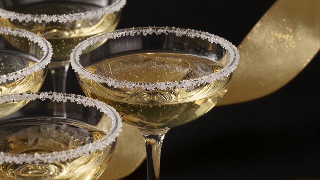Glasses of sparkling wine with sugared rims, elegant and festive against a dark backdrop.