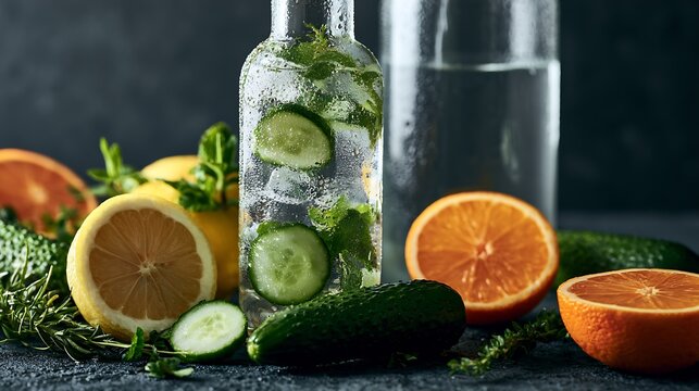 Refreshing Drink Glass bottle of cucumber and herb infused water with condensation surrounded by lemons, oranges and fresh cucumbers