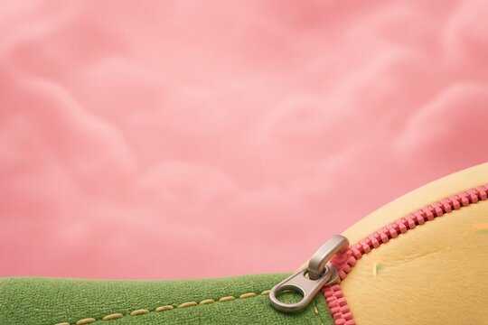 Zipper detail on textile fabric with soft pink background