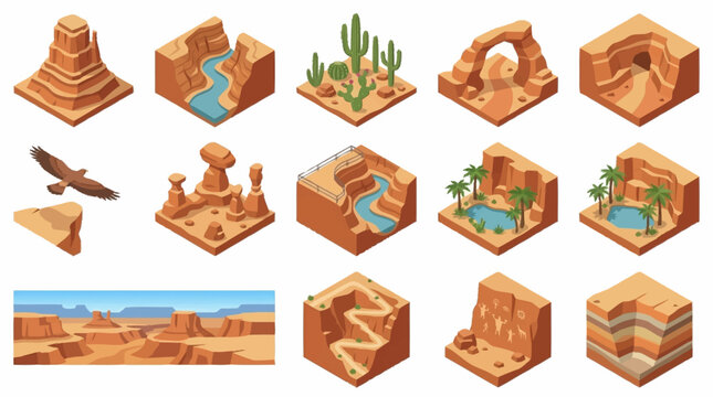 Isometric desert landscape with cacti, canyons, and rivers.