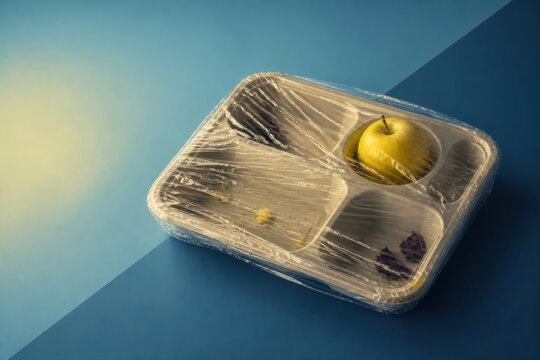 Plastic wrapped meal tray with apple on blue background