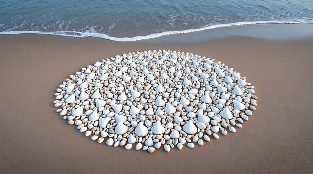 white seashells arranged in a circle on sandy beach