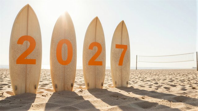 Four surfboards spell "2027" on a sunny beach with volleyball net in background.