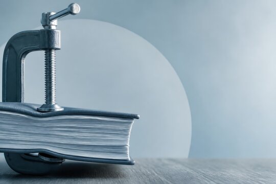 Book under metal clamp symbolizing pressure stress and office paperwork concept