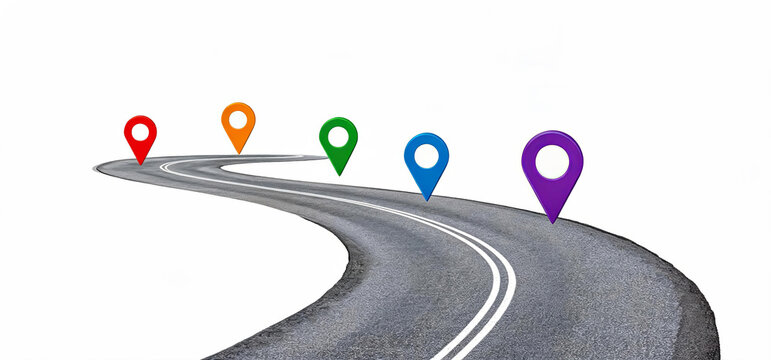A curved asphalt road with multiple colorful location pins marking sequential points along its path, representing route planning and navigation.