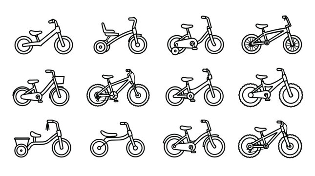 Kids bicycles, tricycles, and balance bike line art icons set