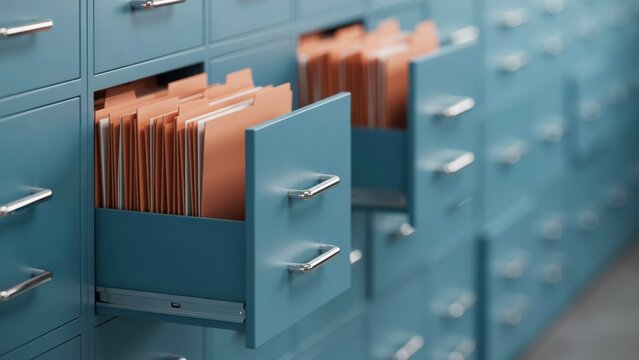 Open metal filing cabinet drawers with hanging folders in an office