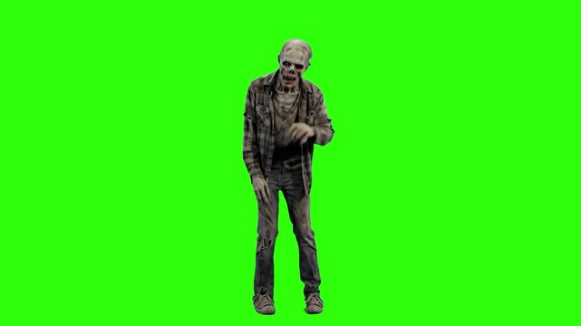 Realistic 3D render of a creepy male zombie standing in place and swaying ominously, isolated on a bright green screen chroma key background. Ideal for horror video editing, Halloween promotional clip