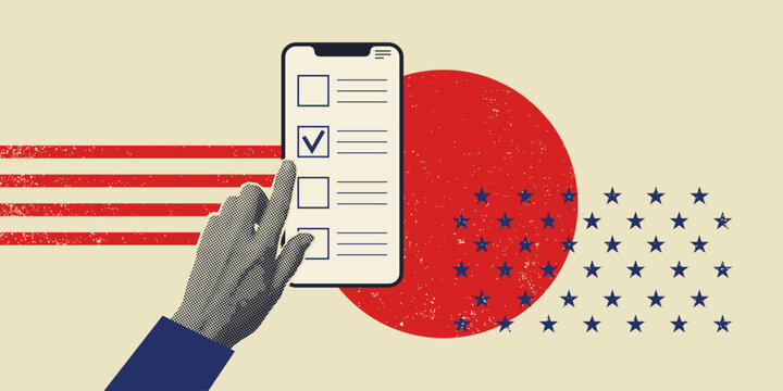 Woman hand uses smartphone with digital ballot form. Halftone collage banner in retro style. Mobile voting and election participation concept. Trendy vintage vector illustration