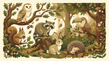 Fototapeta premium Enchanting woodland animal gathering surrounded by lush forest foliage in a whimsical hand drawn illustration style with presents charming