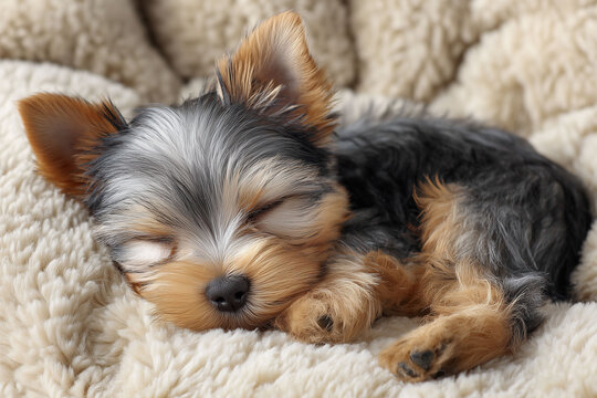 ソファの上ですやすや眠るヨークシャーテリアの子犬