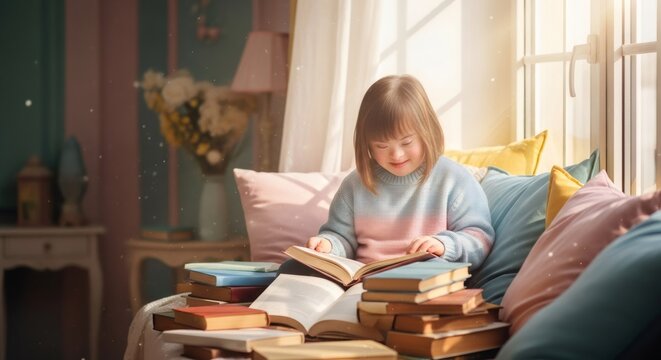 Girl with down syndrome reading a book while sitting on a window sill at home. Focused child engaged in literature surrounded by stacks of books. Concept of inclusive education and learning.