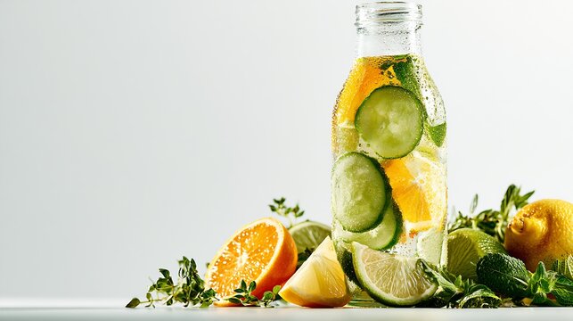 Refreshing Drink Close up glass bottle of sparkling cucumber and citrus infused water with mint, condensation and copy space