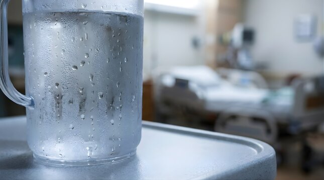 Chilled water pitcher on bedside table in hospital recovery room