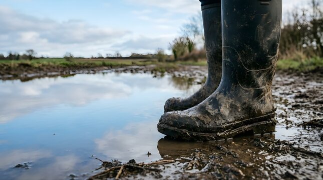 Close-up of dirty rubber boots standing in a muddy puddle in nature
