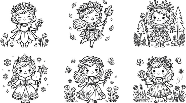 Cute kawaii forest princess and flower fairies coloring page vector set with smiling happy little girl pixie and winter queen characters