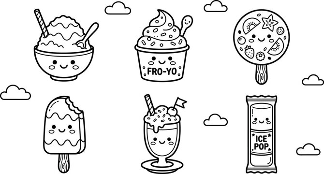 Cute kawaii frozen dessert ice cream coloring page vector set with smiling happy froyo popsicle milkshake and ice pop characters