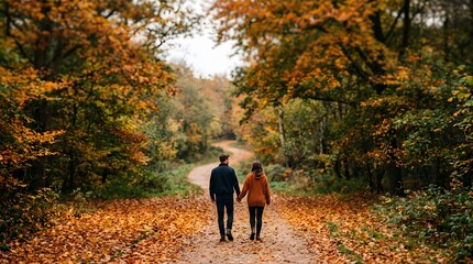 Obraz premium Couple holding hands walking on a path in the autumn forest, back view