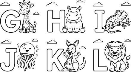 Cute animal alphabet coloring page set with cartoon giraffe hippo iguana jellyfish kangaroo lion for preschool kids education vector © AFSANA AKTER