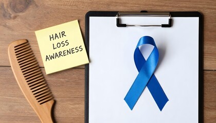 Naklejka premium A blue ribbon and comb on a clipboard highlight National Hair Loss Awareness Month and promote hair health awareness