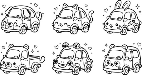 Cute kawaii animal cars coloring page vector set with smiling happy dog cat bunny bear frog and panda vehicles © AFSANA AKTER