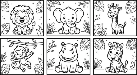 Cute kawaii baby safari animals coloring page vector set with smiling happy lion elephant giraffe monkey hippo zebra characters © AFSANA AKTER