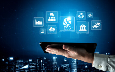 Obraz premium ESG principles guide sustainable business through environment, social, and governance. ESG enhances ESG responsibility, transparency, and ESG values. Vouch