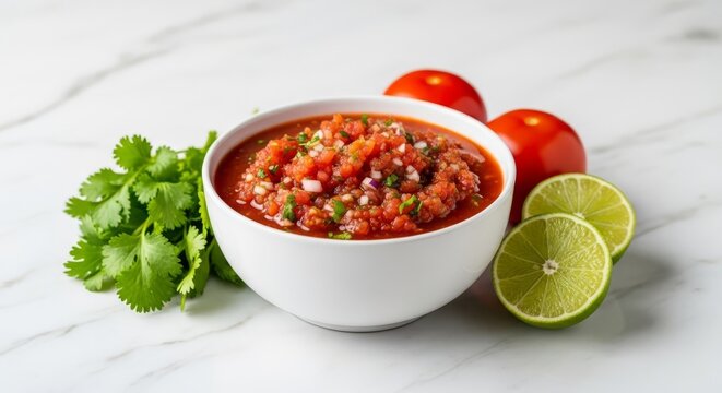 Vibrant red salsa sits in a white ceramic bowl atop a bright marble surface, flanked by fresh cilantro, lime slices, and ripe tomatoes, white, snack, pico de gallo