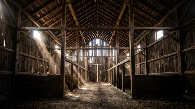 Rustic wooden barn interior with sunbeams streaming through gaps