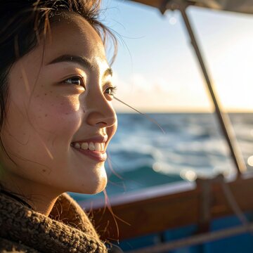 Smiling woman looking at the ocean from a boat during a sunny golden hour