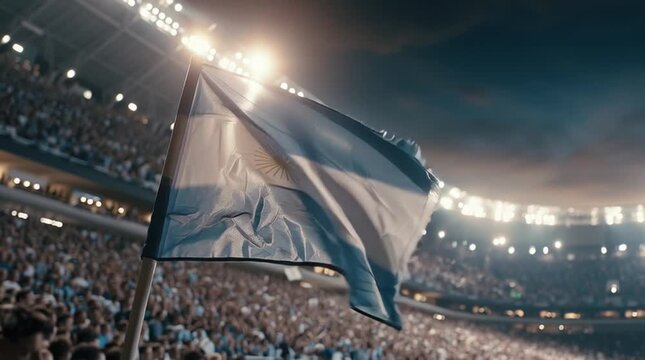 National Pride at the Stadium: A fluttering national flag waves majestically in a packed stadium filled with cheering fans, illuminated by the bright lights of a sporting event.