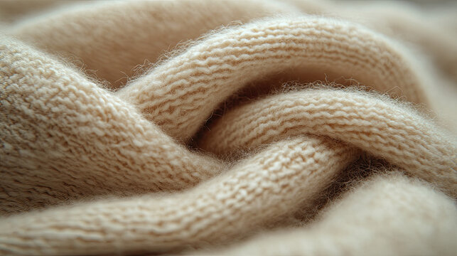 Soft Beige Knitted Fabric Close-Up Macro Detail: Cozy Warm Texture, Comfortable Textile Pattern, Elegant Weave, Natural Fiber Background