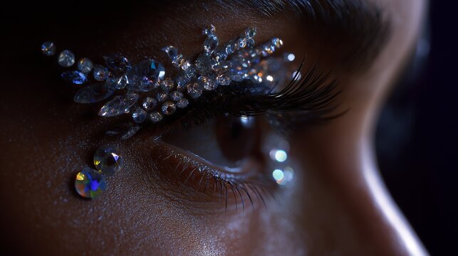 Blue jeweled eye makeup with sparkling crystals