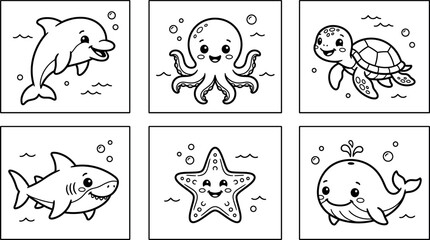 Cute kawaii sea animals coloring page vector set with smiling happy dolphin octopus turtle shark starfish and whale characters © AFSANA AKTER