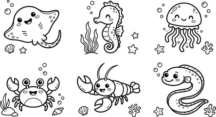 Cute kawaii sea animals coloring page vector set with smiling happy stingray seahorse jellyfish crab lobster and eel characters © AFSANA AKTER