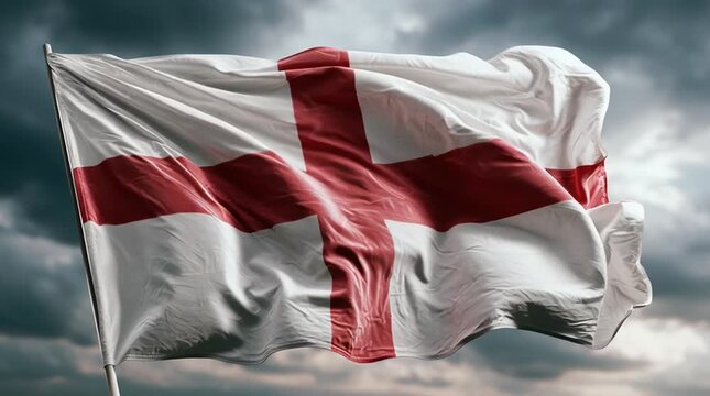 St. George's Cross Flag Waving: The iconic English flag, the St. George's Cross, flutters majestically against a dramatic, cloudy sky.