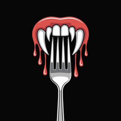 Bloody vampire fangs on fork.