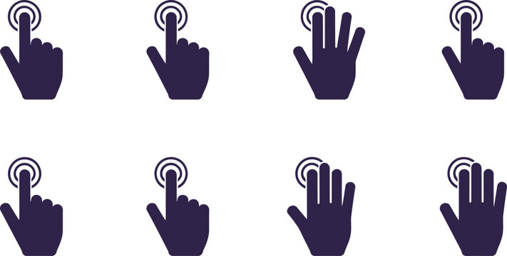 Collection of eight different finger tap and multitouch gesture icons representing digital interactions