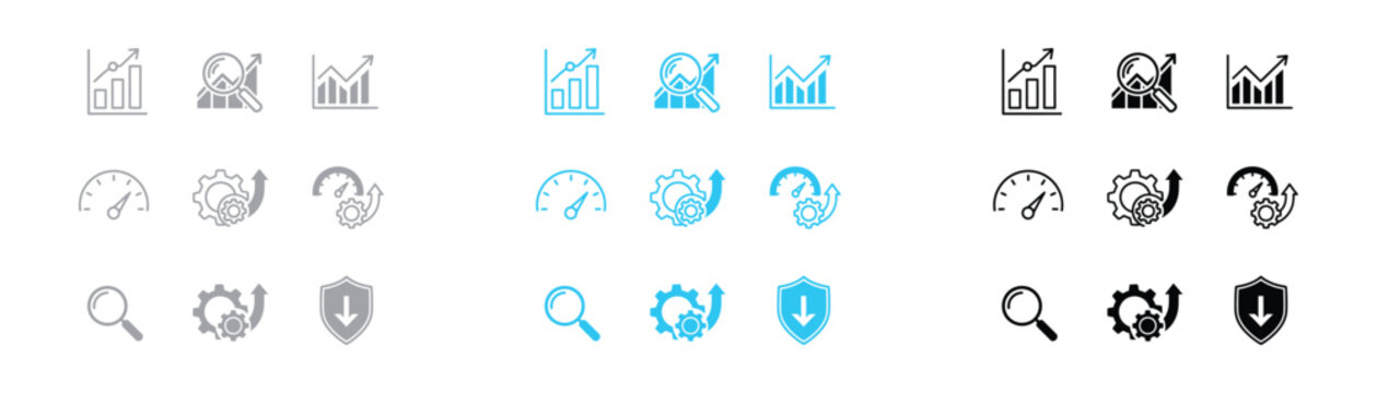 Business analytics and strategy icon set including growth charts performance gauges and search magnifier symbols with analytics business strategy magnifier performance speedometer