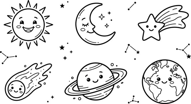 Cute space galaxy solar system coloring page set with cartoon sun moon star planet saturn earth meteor astronomy vector