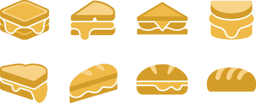 Collection of melted cheese sandwiches and bread slices as simple flat icons isolated on transparent background