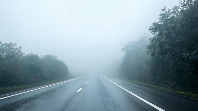 A wet two-lane highway stretches forward, enveloped in thick fog with surrounding trees lining the road sides.