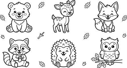 Obraz premium Cute kawaii woodland forest animals coloring page vector set with smiling happy bear deer fox raccoon hedgehog owl characters