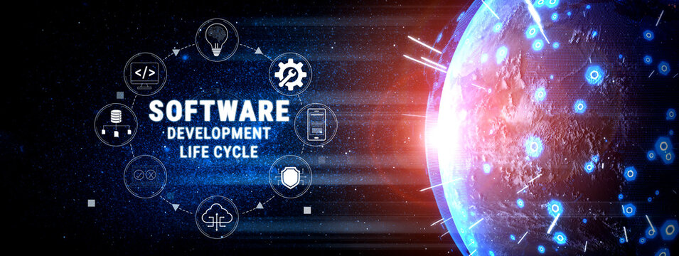 Digital Representation of Software Development Life Cycle with Icons and Cosmic Elements Showcasing Stages of Development in a Futuristic Style Quark.