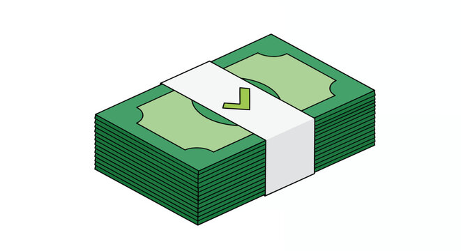 Stack of green cash bound with a white band, symbolizing wealth, finance, and business transactions.
