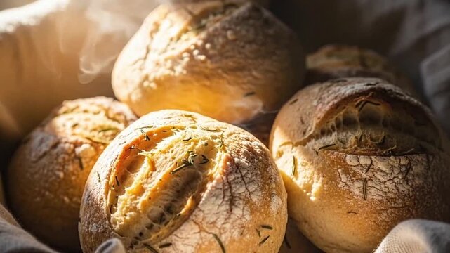 Freshly baked round bread rolls resting in a rustic woven basket