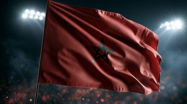 Moroccan Flag Waving in Stadium: A vibrant Moroccan flag, emblazoned with its distinctive star, flutters proudly in a stadium setting under bright floodlights.