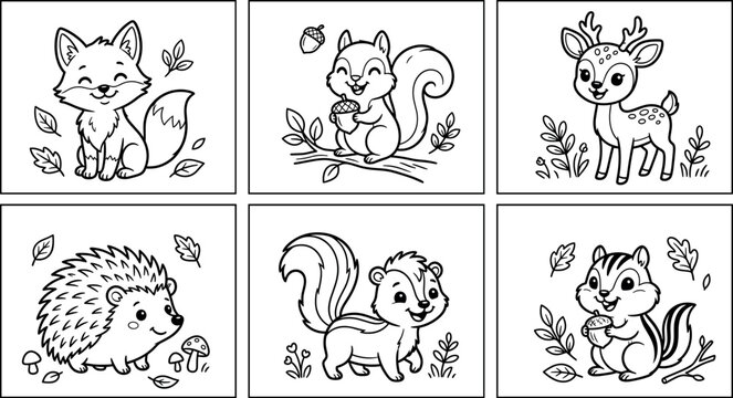 Cute kawaii woodland forest animals coloring page vector set with smiling happy fox squirrel deer hedgehog skunk and chipmunk