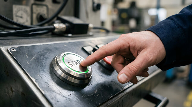 Worker hand pressing green start button on industrial machine panel