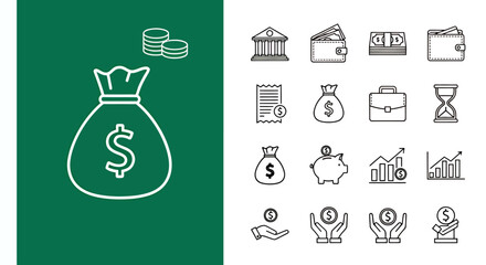 Naklejka premium Money Bag and Business Icons Representing Finance, Commerce, and Economic Growth.